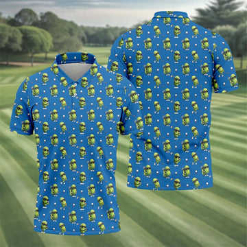 Cartoon Cactus Golfer Blue Golf Shirt, Mens Golf Polo, Golf Apparel For Men, Printed Golf Shirts