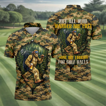 Camo Bigfoot Golfer Drinking Beer Polo Shirt, Mens Golf Shirts, Golf Apparel For Men