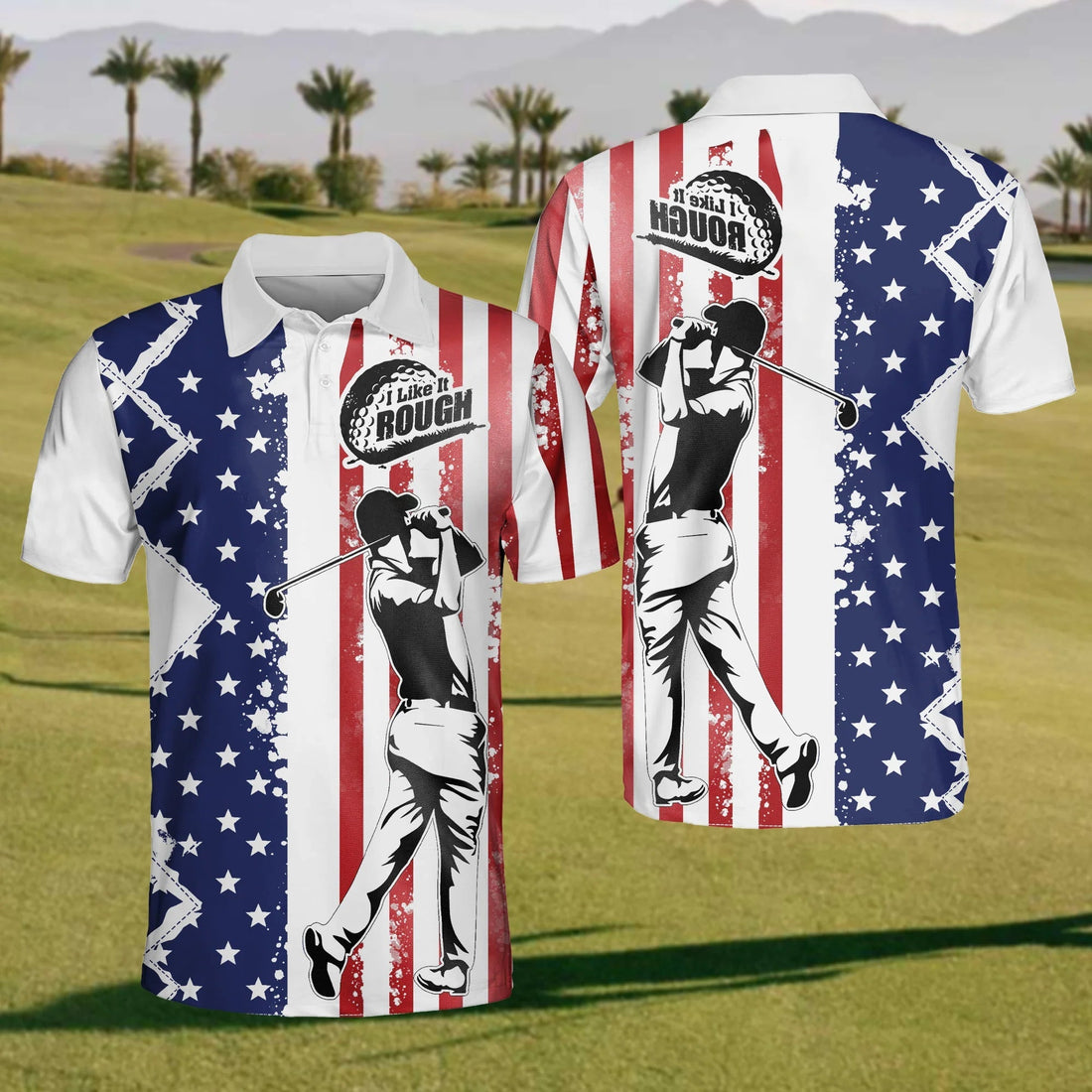 I Like It Rough America Flag Mens Golf Polo ShirtMens Golf Gift, Golf Gifts For Golfers