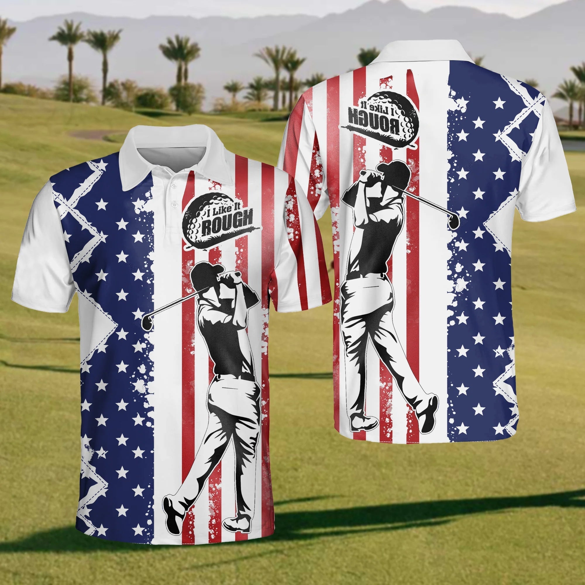 I Like It Rough America Flag Mens Golf Polo ShirtMens Golf Gift, Golf Gifts For Golfers