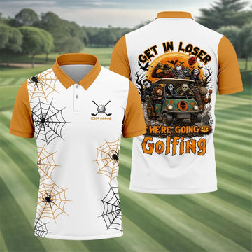 Custom Get In Loser We're Going Golfing Halloween Horror Character Golf Shirt, Golf Shirts For Men