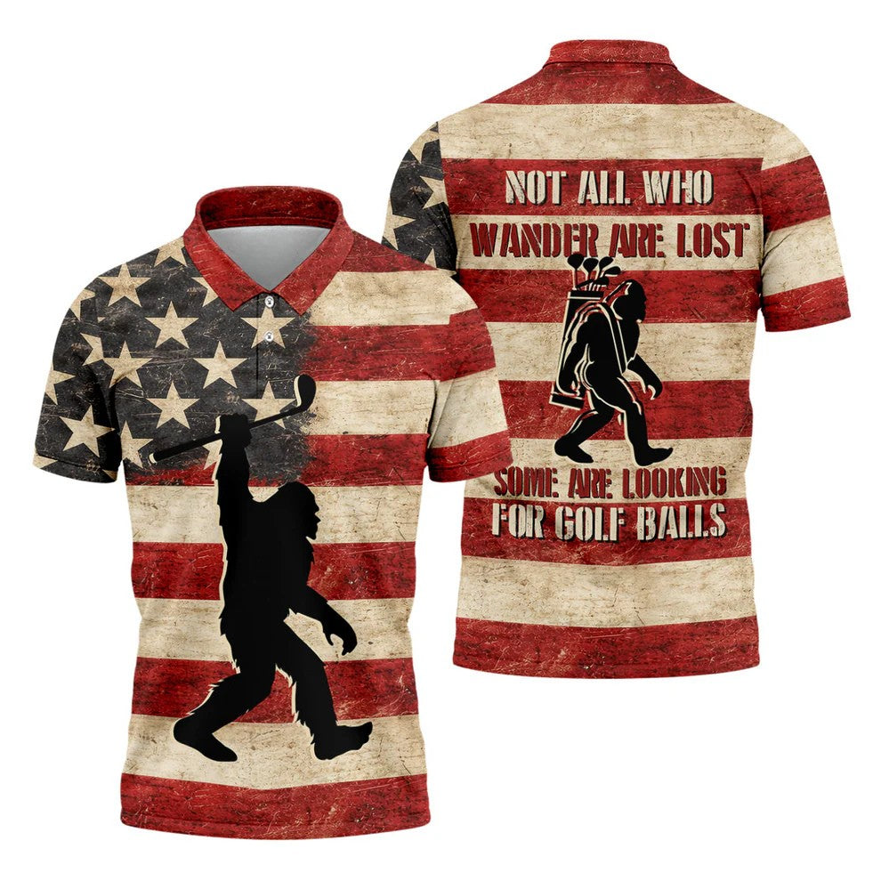 Vintage American Flag Bigfoot Golfer Polo Shirt, Mens Golf Polo, Golf Polo Shirts For Men
