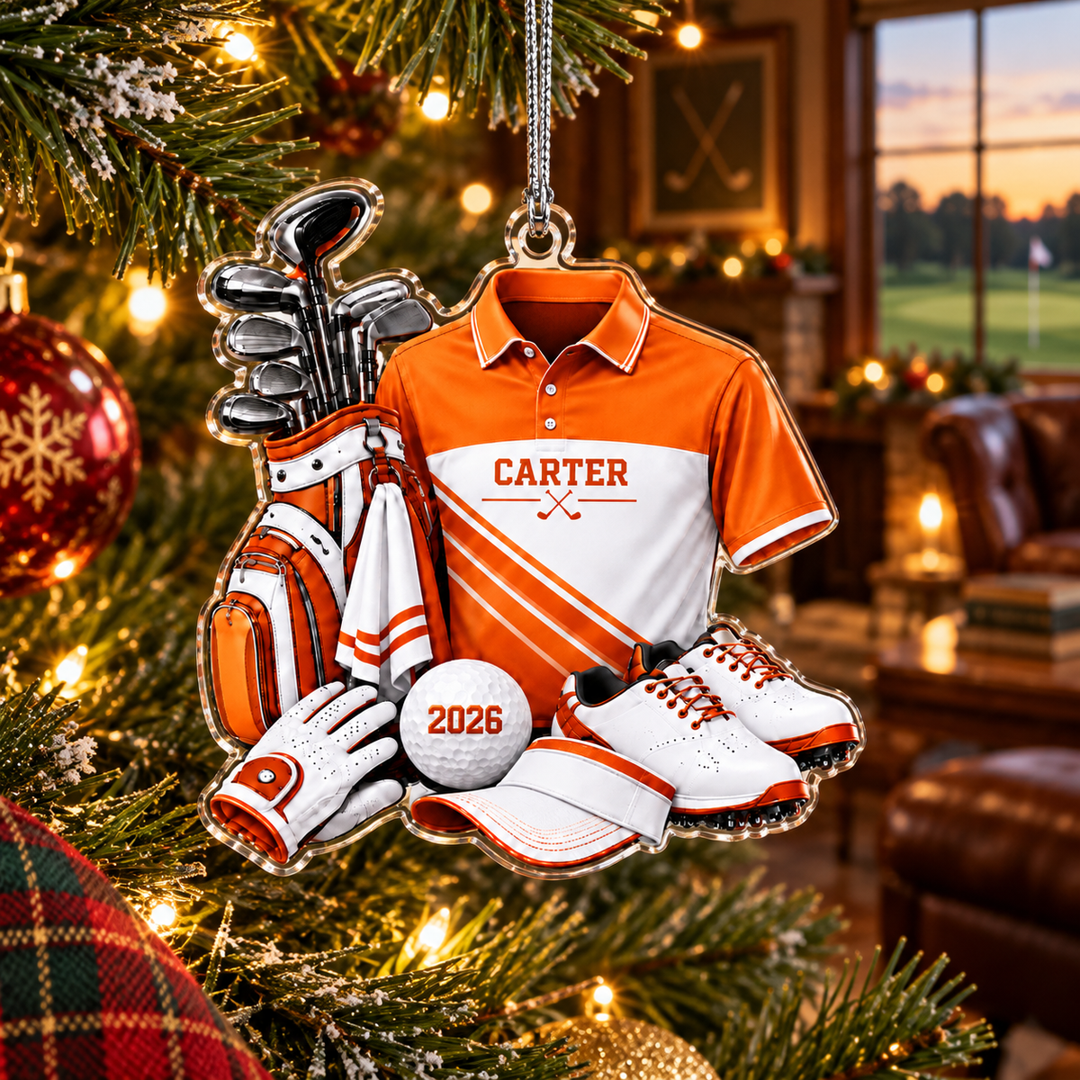 Custom Name Orange Golf Shirt And Bag Acrylic Ornament, Christmas Gifts, Golfer Gifts