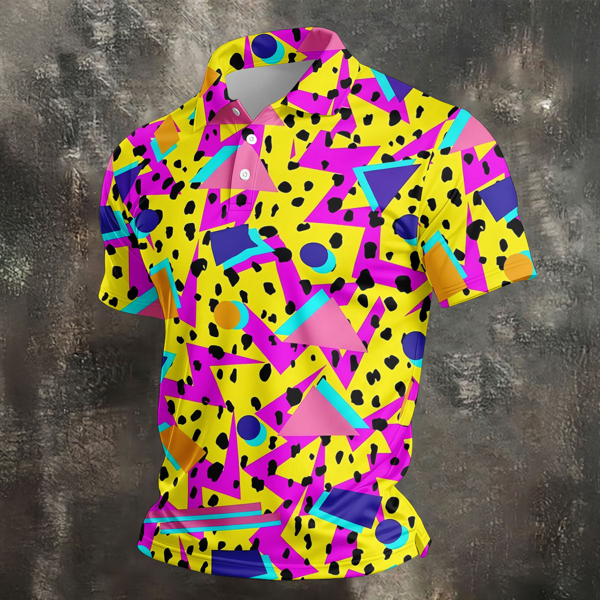 Retro Neon Geometric Shapes Yellow Golf Shirt, Golf Shirts For Men, Mens Golf Apparel, Polo Shirts For Men
