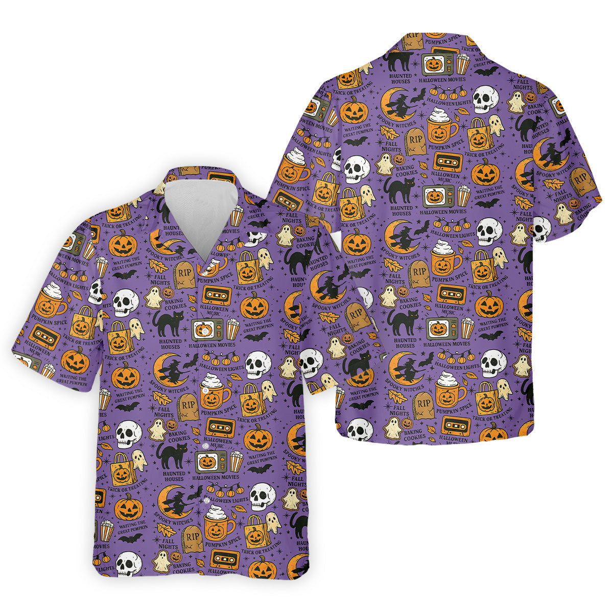 Purple Halloween Skull Golf Shirt, Spooky Cat, Mens Golf Polo Shirt Halloween Theme Shirts, Golfing Apparel