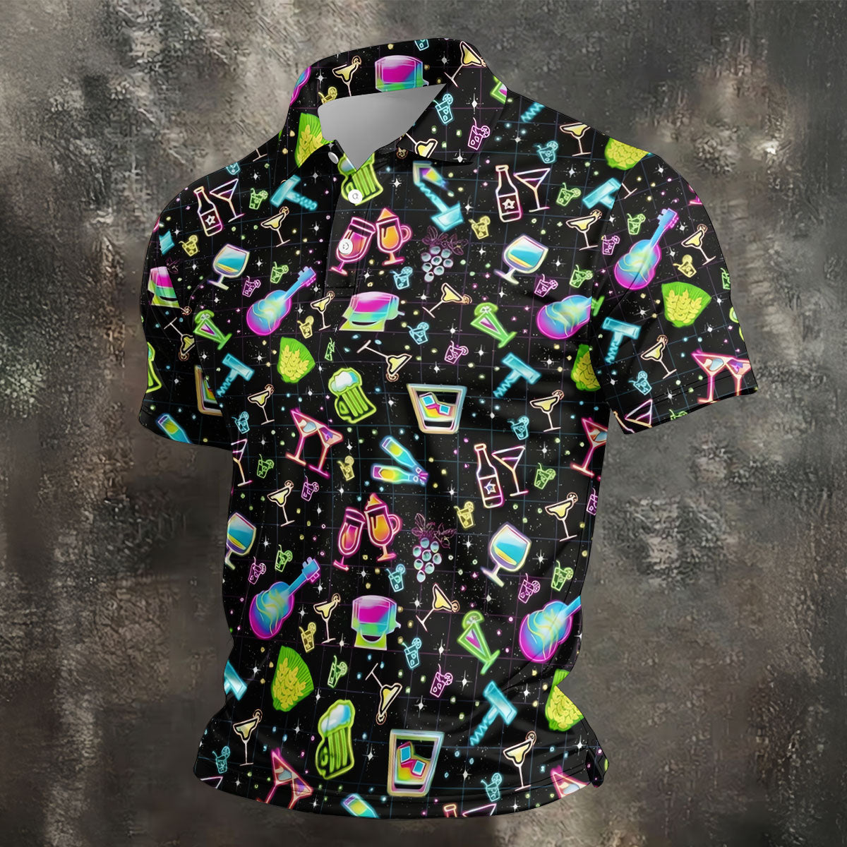 Neon Cocktail Party Pattern Design Hawaiian Golf Shirt, Golf Shirts For Men, Polo Shirts For Men