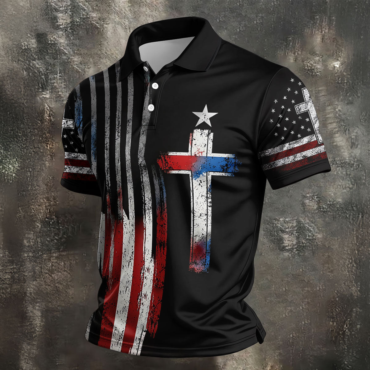 Faith Cross US Flag Golf Shirt, 250 Years Retro Golf Shirt, Patriotic 4th Of July Polo Shirt Men