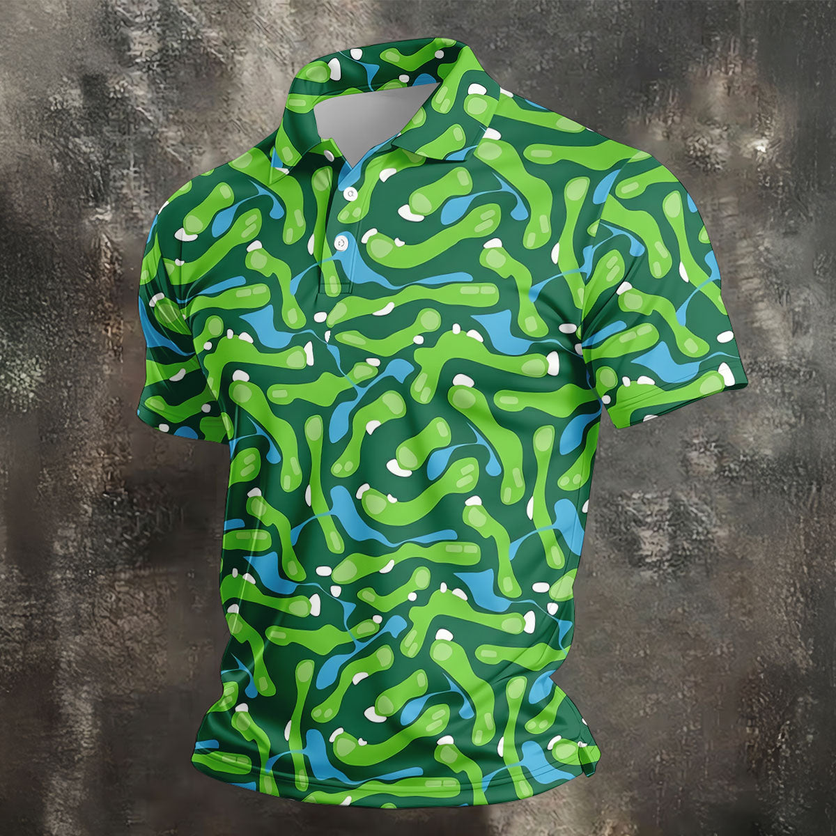 Golf Course Layout Golf Shirt, Fairway Water Hazard Pattern, Golf Shirt For Men