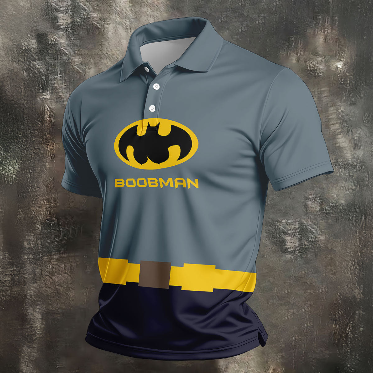 Boobman Comic Hero Logo Belt Golf Polo Shirt, Men's Polo Shirt, Funny Golf Apparel, Performance Golf Shirt