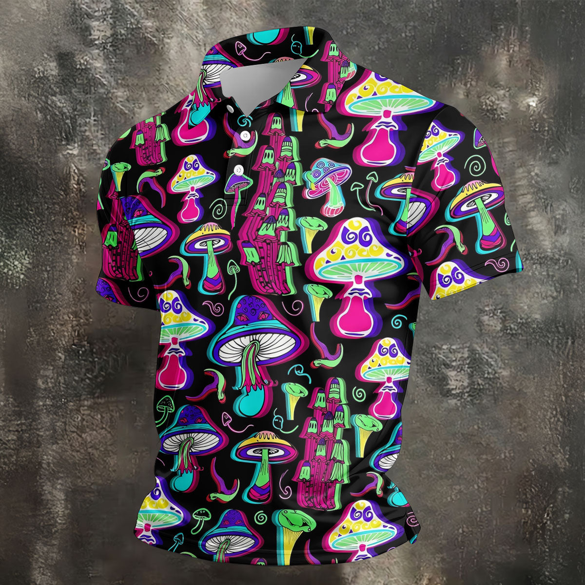 Black Neon Mushroom Pattern Golf Shirt, Mens Golf Polo, Golf Apparel For Men, Printed Golf Shirts