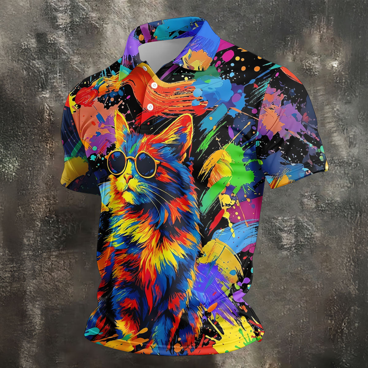 Colorful Cat Sunglasses Paint Splash Golf Shirt, Men's Golf Shirt, Golf Apparel For Men