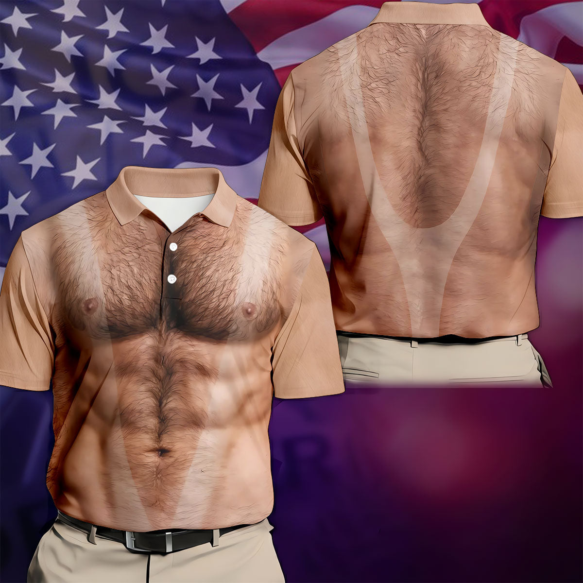 Funny Hairy Man Body Illusion Design Hawaiian Golf Shirt, Golf Shirts For Men, Polo Shirts For Men
