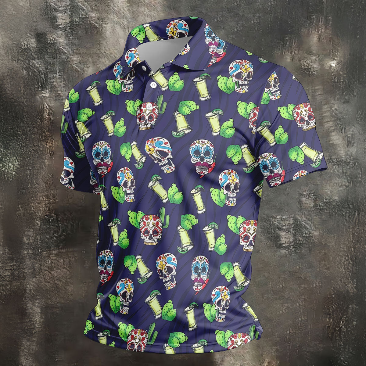 Day Of The Dead Sugar Skull Cactus Polo Shirt, Mens Golf Polo, Hawaiian Golf Shirt