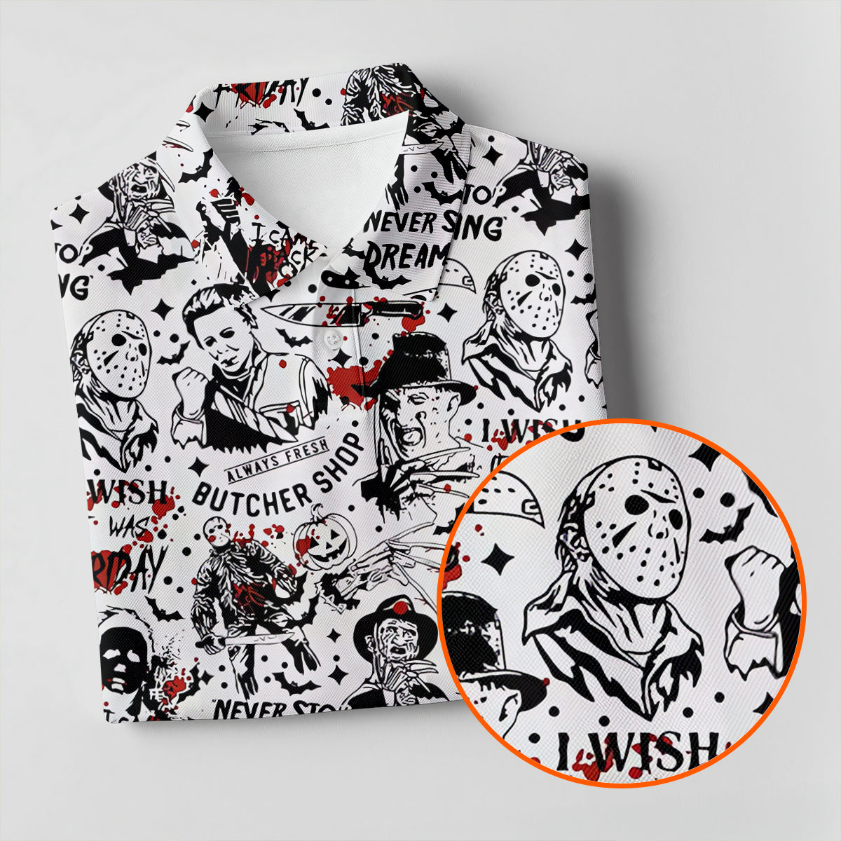 Classic Horror Character Collage Halloween Polo Shirt, Men's Golf Shirt, Mens Golf Apparel
