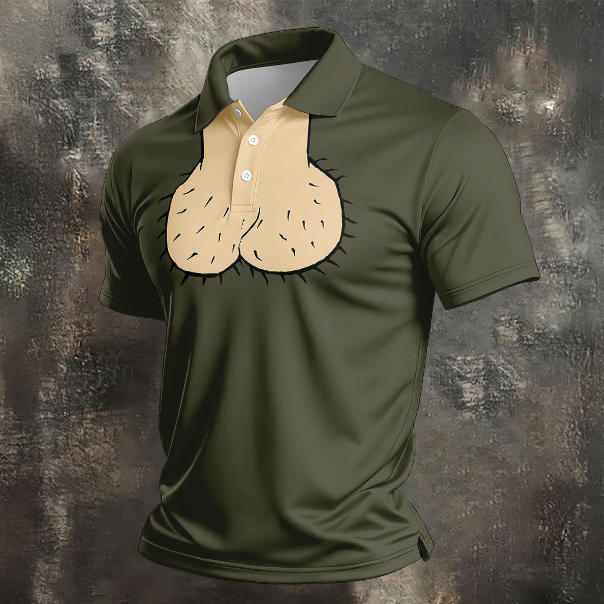 Olive Green Funny Dickhead Faux Chest Golf Shirt, Polo Shirts For Men, Golf Apparel For Men