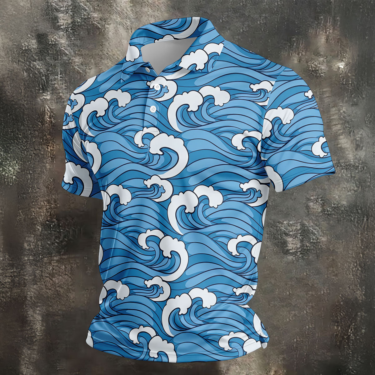 Japanese Wave Golf Shirt, Ocean Wave Pattern Men's Golf Polo, Polo Shirts For Men