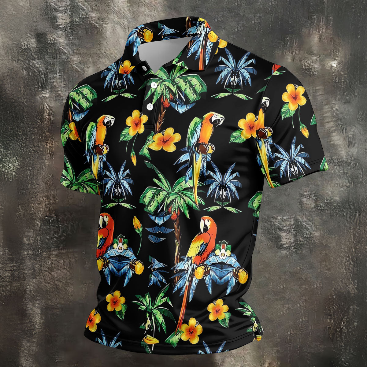 Black Tropical Parrot Palm Flower Pattern Golf Shirt, Men's Golf Shirt, Mens Polo Shirts, Hawaiian Golf Shirt