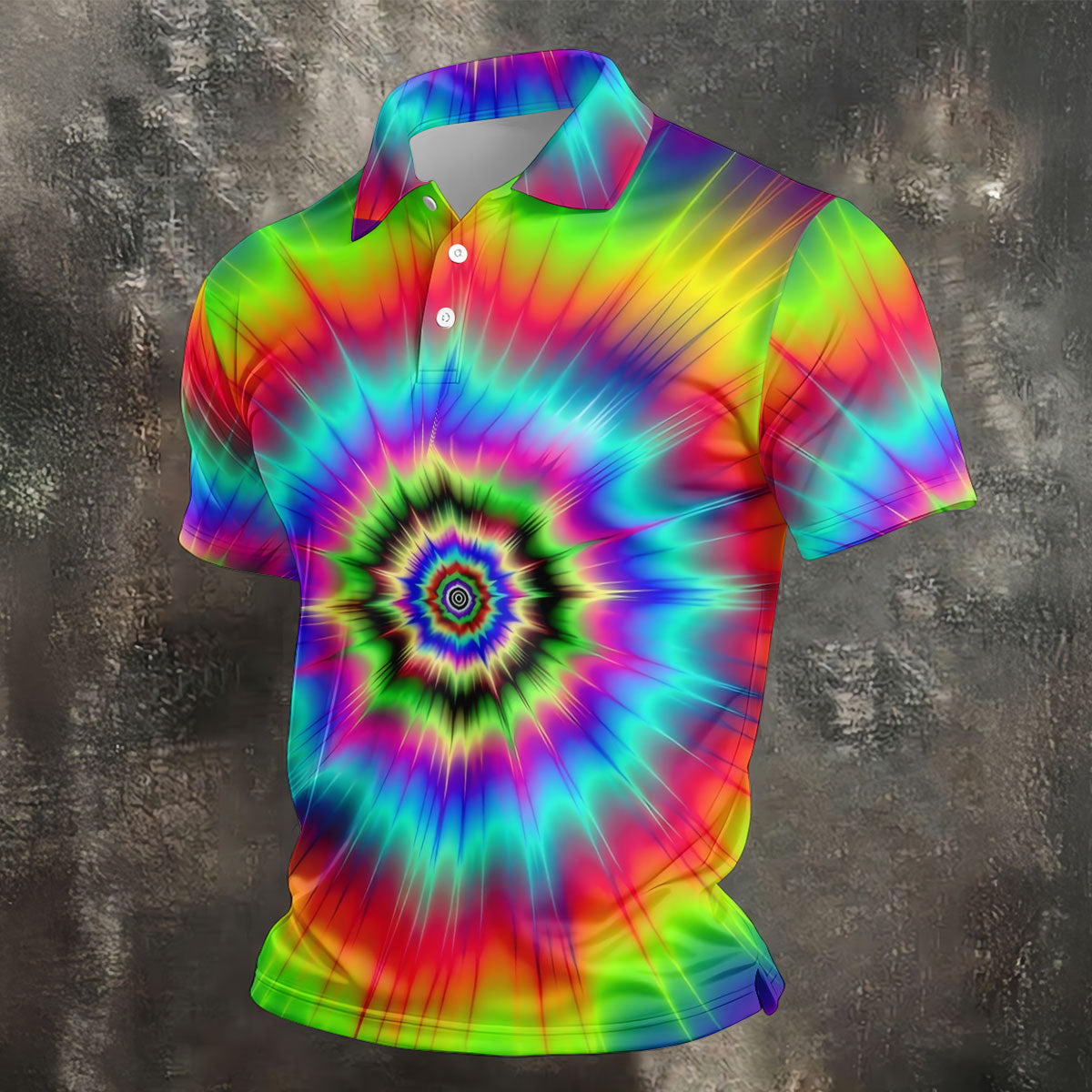 Rainbow Tie Dye Golf Shirt, Psychedelic Spiral Burst Pattern, Golf Shirt For Men