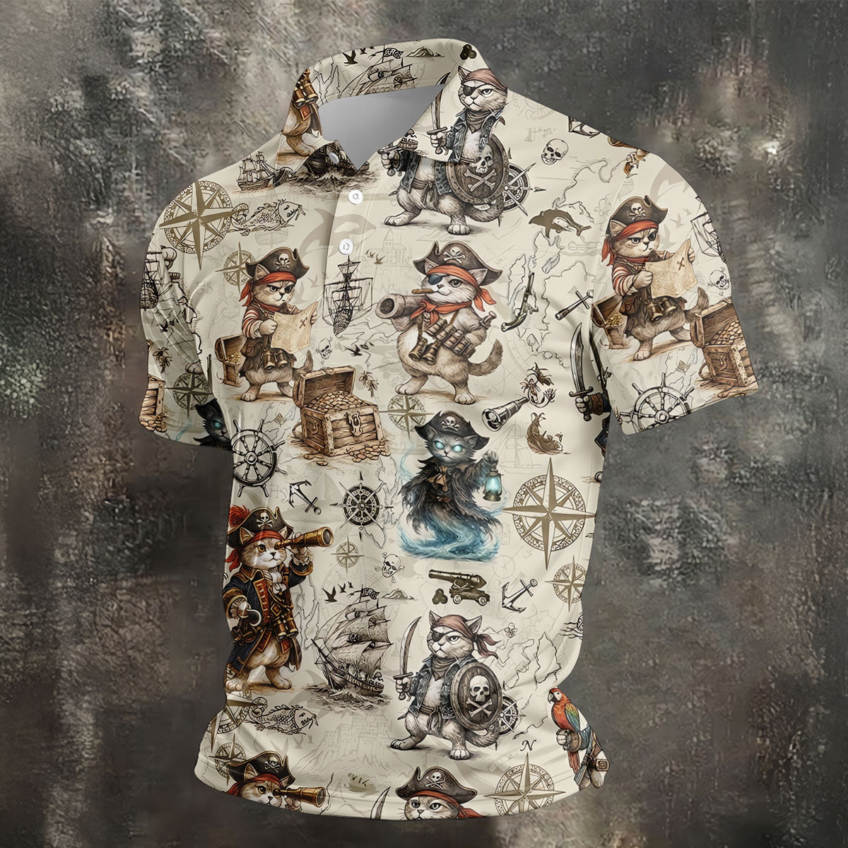 Vintage Pirate Cat Treasure Map Adventure Golf Shirt, Mens Polo Shirt, Hawaiian Golf Shirt, Golf Shirts For Men