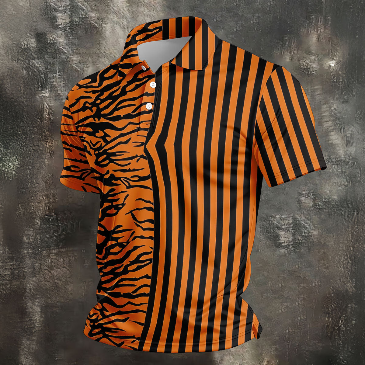Orange Tiger Stripe Split Pattern Golf Shirt, Mens Golf Polo, Golf Apparel For Men, Golf Polo Shirts For Men