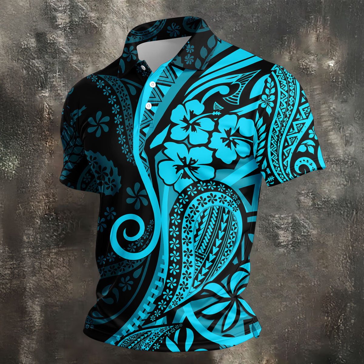Island Tribal Golf Shirt, Blue Hawaiian Hibiscus Polo, Polo Shirts For Men