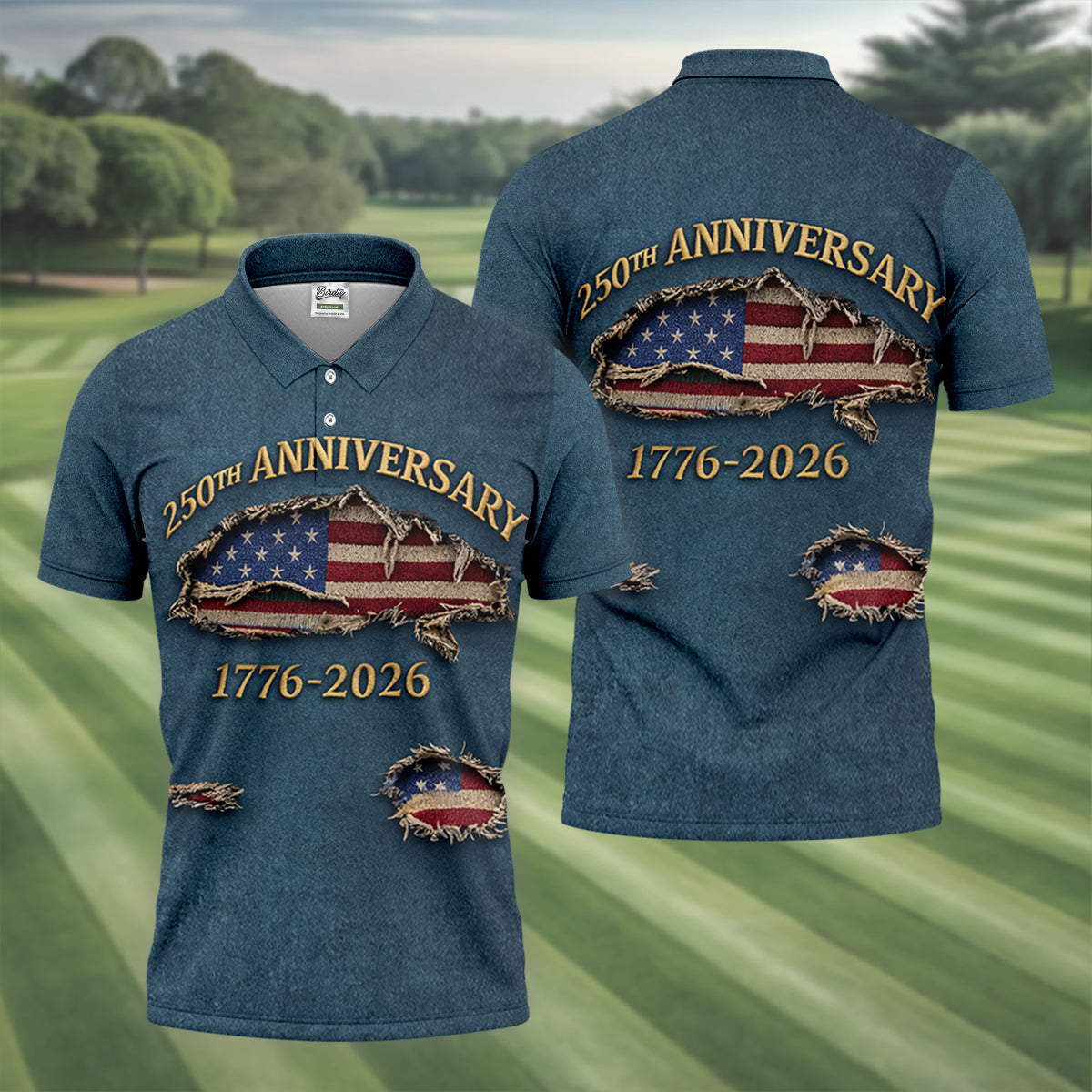 Patriotic American Flag 250th Anniversary Blue Denim Color Ripped Effect Golf Shirts For Men, Polo ShirtFor Men