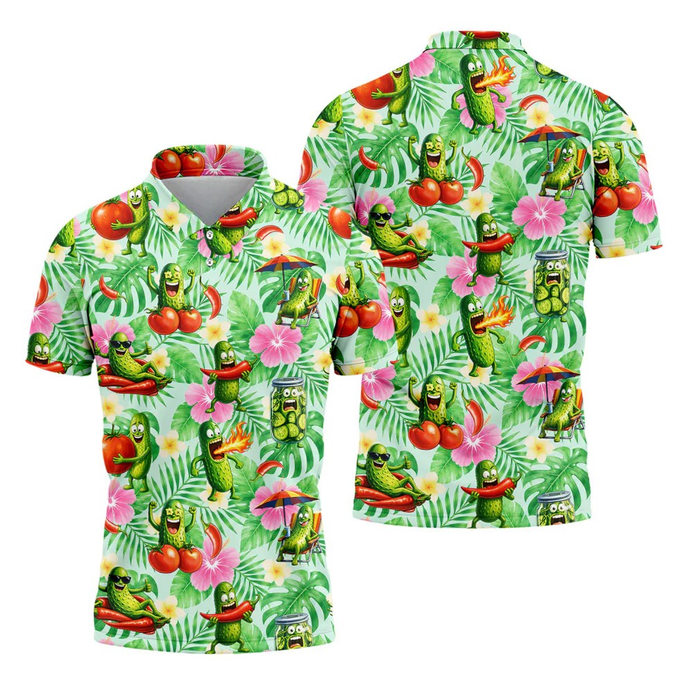 Funny Pickle Tomato Chili Tropical Hawaiian Golf Shirt, Mens Golf Polo, Printed Golf Shirts