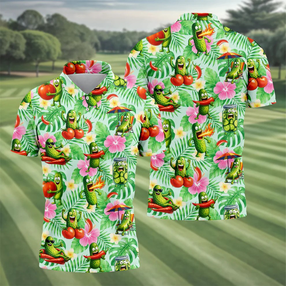 Funny Pickle Tomato Chili Tropical Hawaiian Golf Shirt, Mens Golf Polo, Printed Golf Shirts