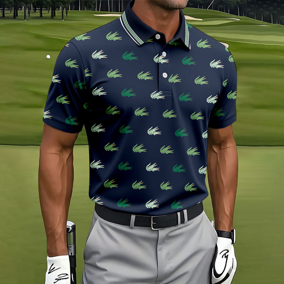 Navy Crocodile Pattern Golf Shirt, Mens Polo Shirt, Golf Shirts For Men, Performance Golf Shirt