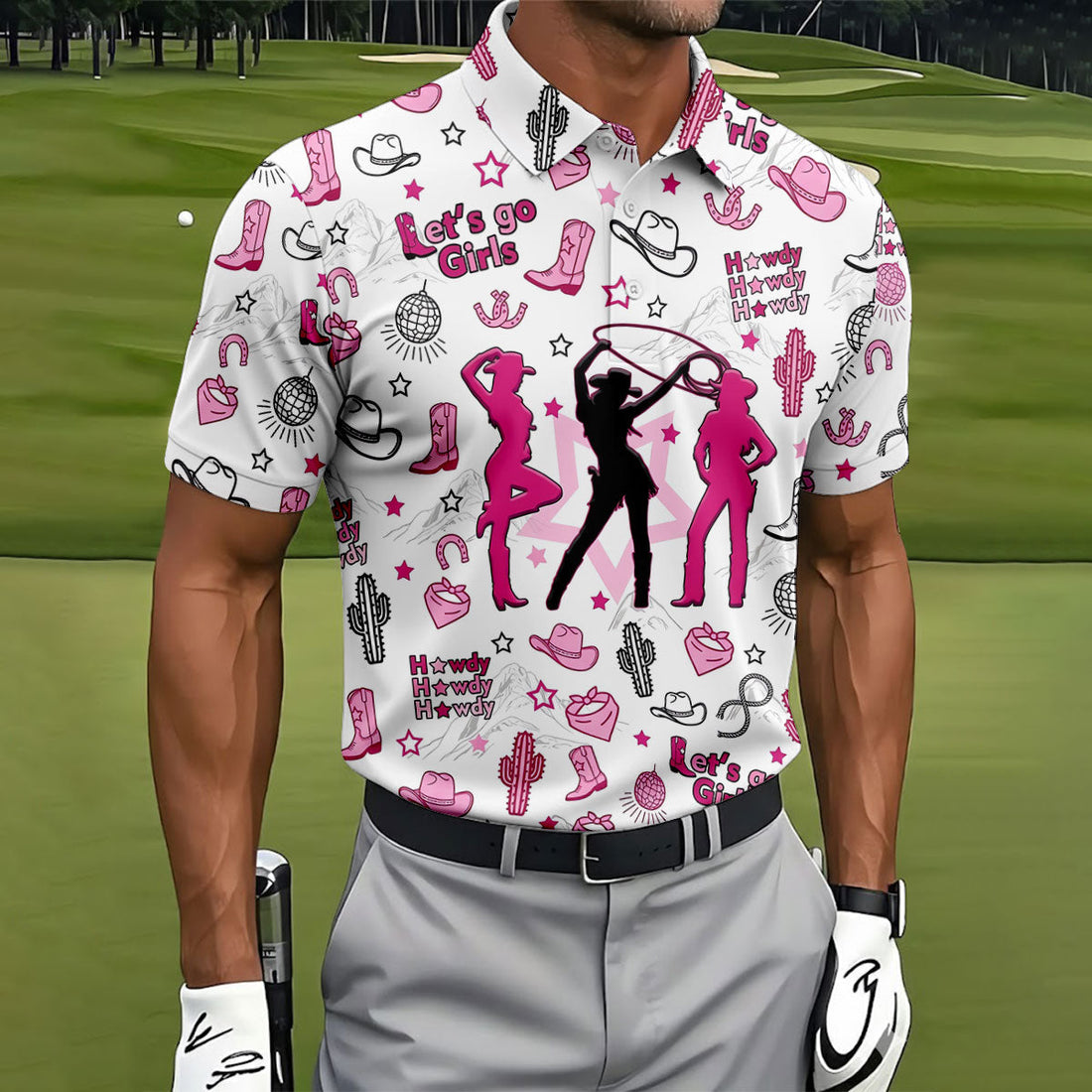 Pink Black Three Cowgirls Western Golf Polo Shirt, Mens Golf Polo, Golf Shirts For Men