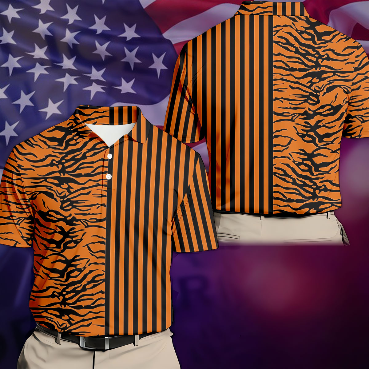 Orange Tiger Stripe Split Pattern Golf Shirt, Mens Golf Polo, Golf Apparel For Men, Golf Polo Shirts For Men