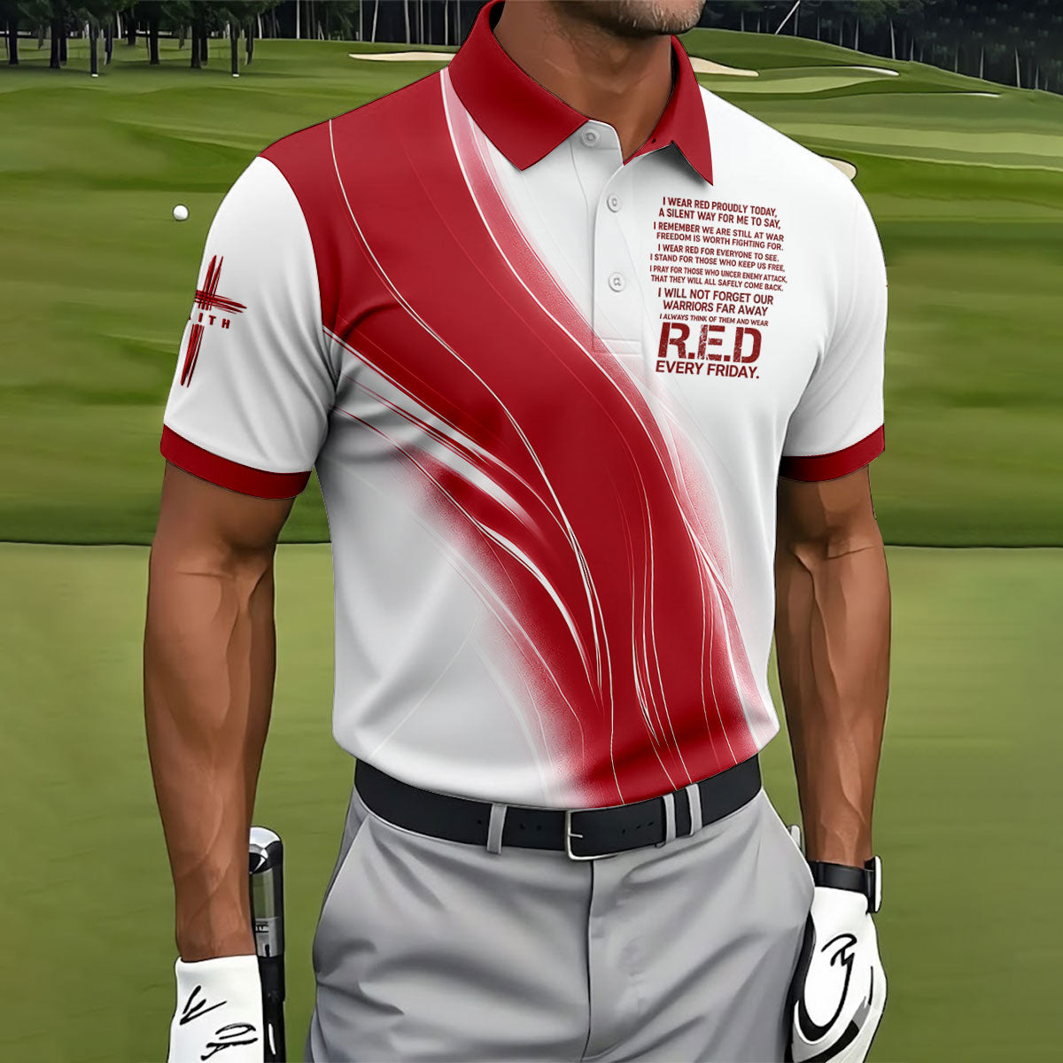 Red Friday Faith Cross Red White Gradient Patriotic Golf Shirt, 250 Years Polo Shirtor Men