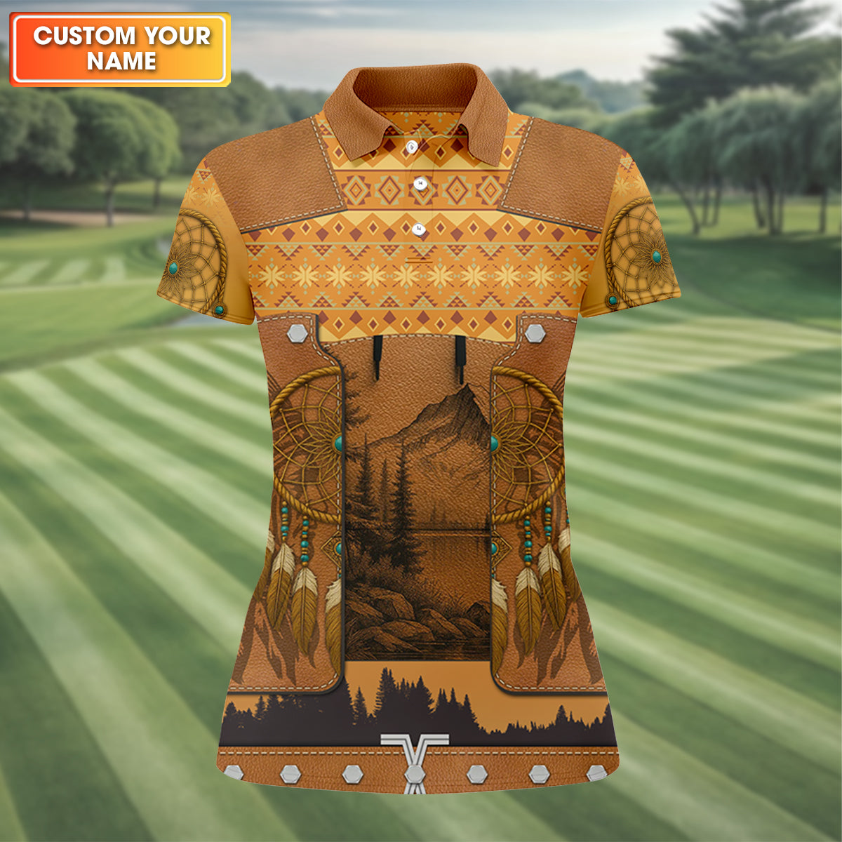 Golden Horizon Tribal Theme Women's Golf Tops, Native American Ancestry Ladies Golf Polos, Indigenous Peoples Month