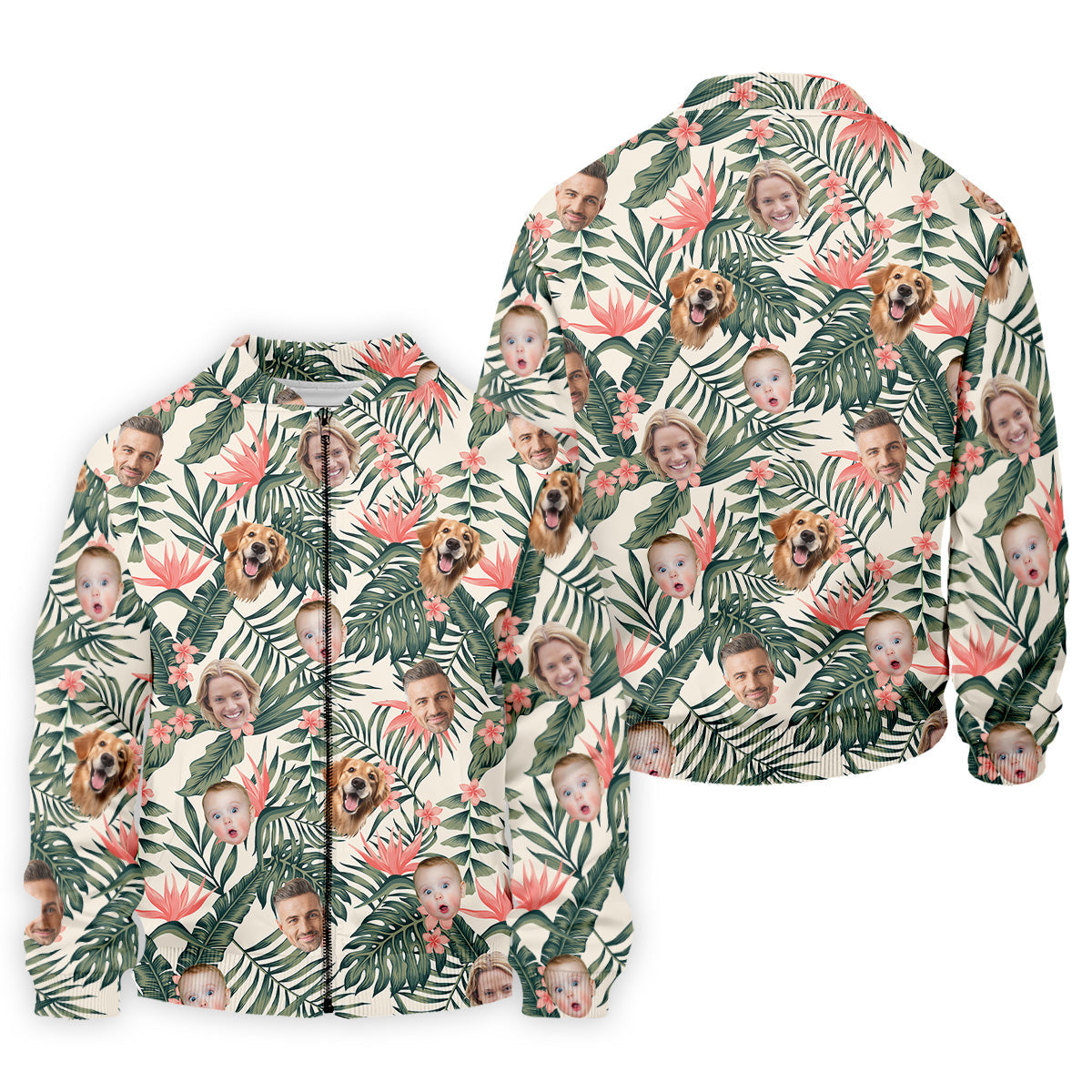 Tropical Floral Pattern Custom Hawaiian Shirts With Face, Men Polo ShirtLong Sleeve Golf Shirts