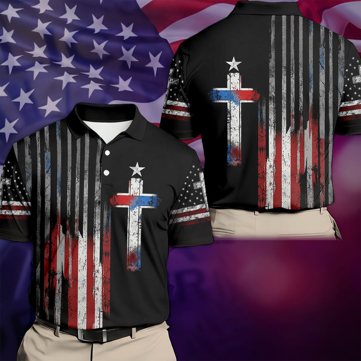 Faith Cross US Flag Golf Shirt, 250 Years Retro Golf Shirt, Patriotic 4th Of July Polo Shirt Men