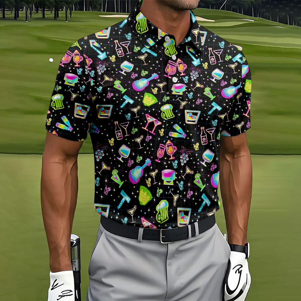 Neon Cocktail Party Pattern Design Hawaiian Golf Shirt, Golf Shirts For Men, Polo Shirts For Men
