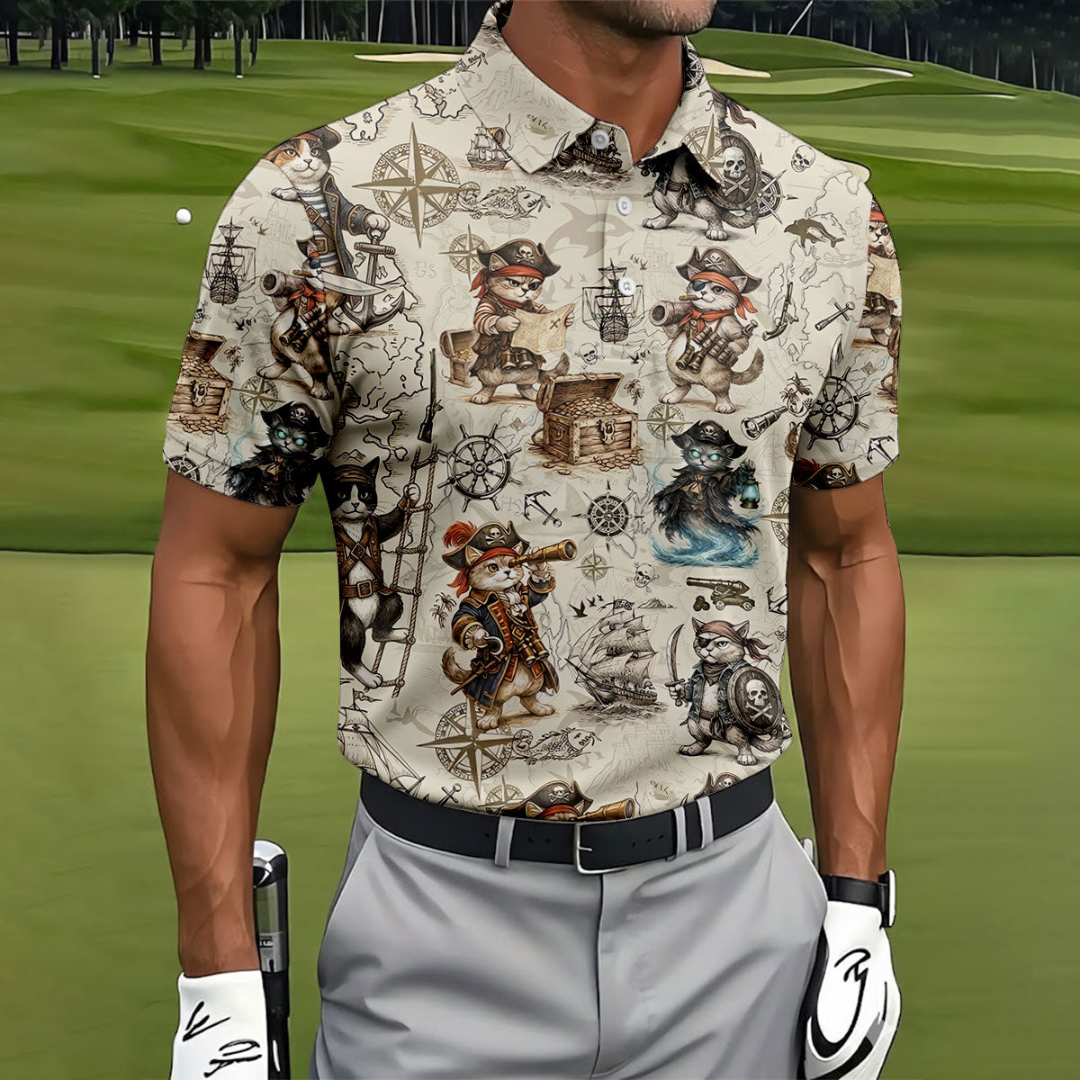 Vintage Pirate Cat Treasure Map Adventure Golf Shirt, Mens Polo Shirt, Hawaiian Golf Shirt, Golf Shirts For Men
