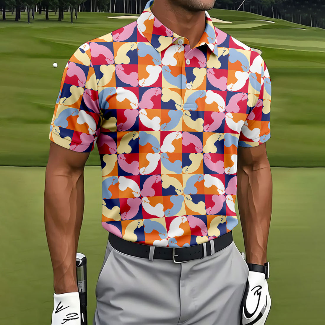 Funny Adult Retro Checkered Novelty Golf Shirt, Mens Golf Shirts, Printed Golf Shirts