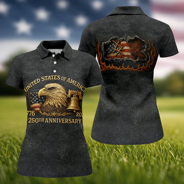 Bald Eagle American Flag 250th Anniversary Dark Grey Color Women's Golf Tops, Ladies Golf Shirts
