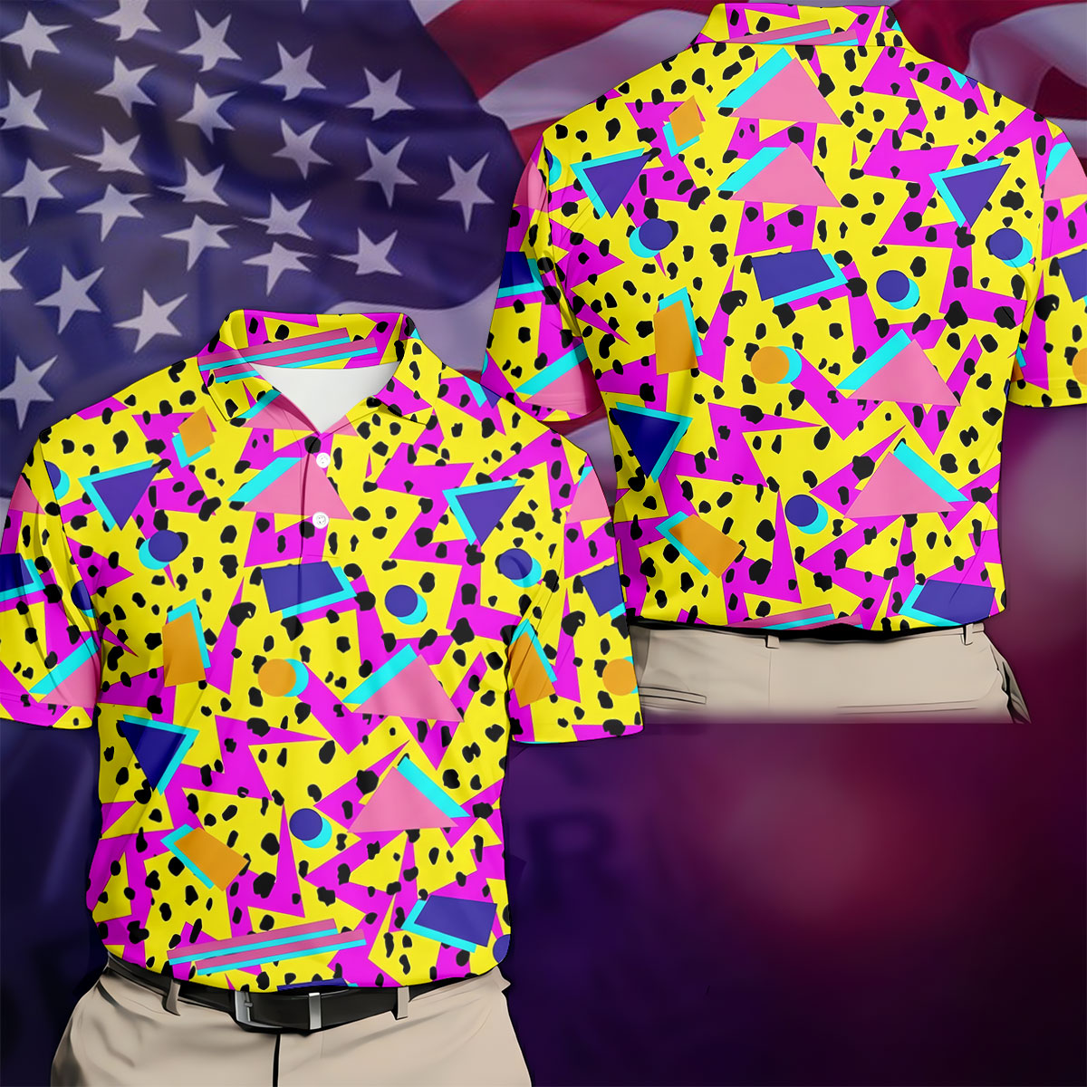 Retro Neon Geometric Shapes Yellow Golf Shirt, Golf Shirts For Men, Mens Golf Apparel, Polo Shirts For Men