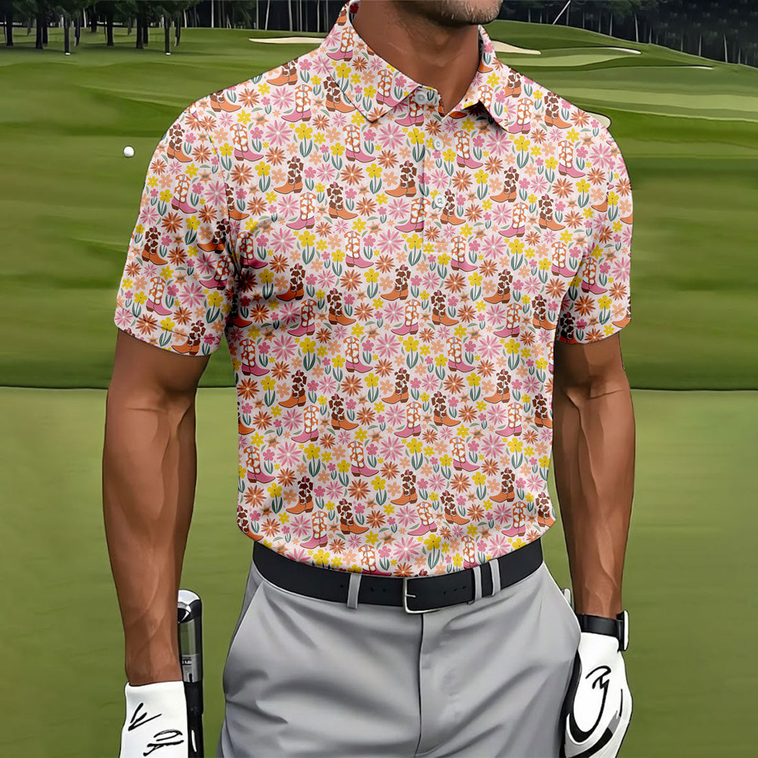 Pink Floral Cowgirl Boots Pattern Golf Polo Shirt, Mens Golf Polo, Golf Shirts For Men