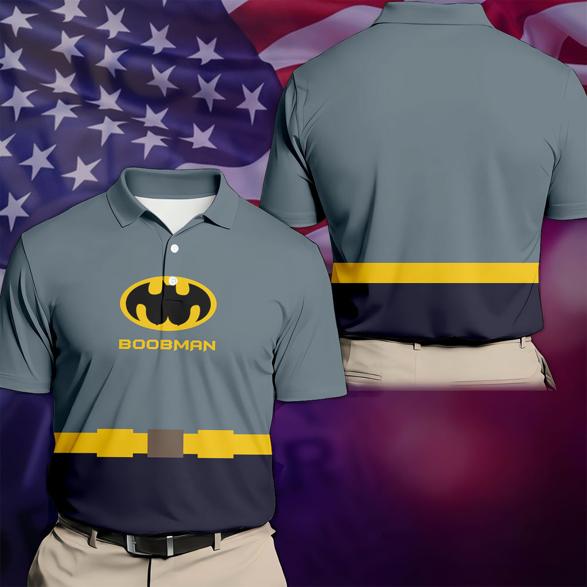 Boobman Comic Hero Logo Belt Golf Polo Shirt, Men's Polo Shirt, Funny Golf Apparel, Performance Golf Shirt