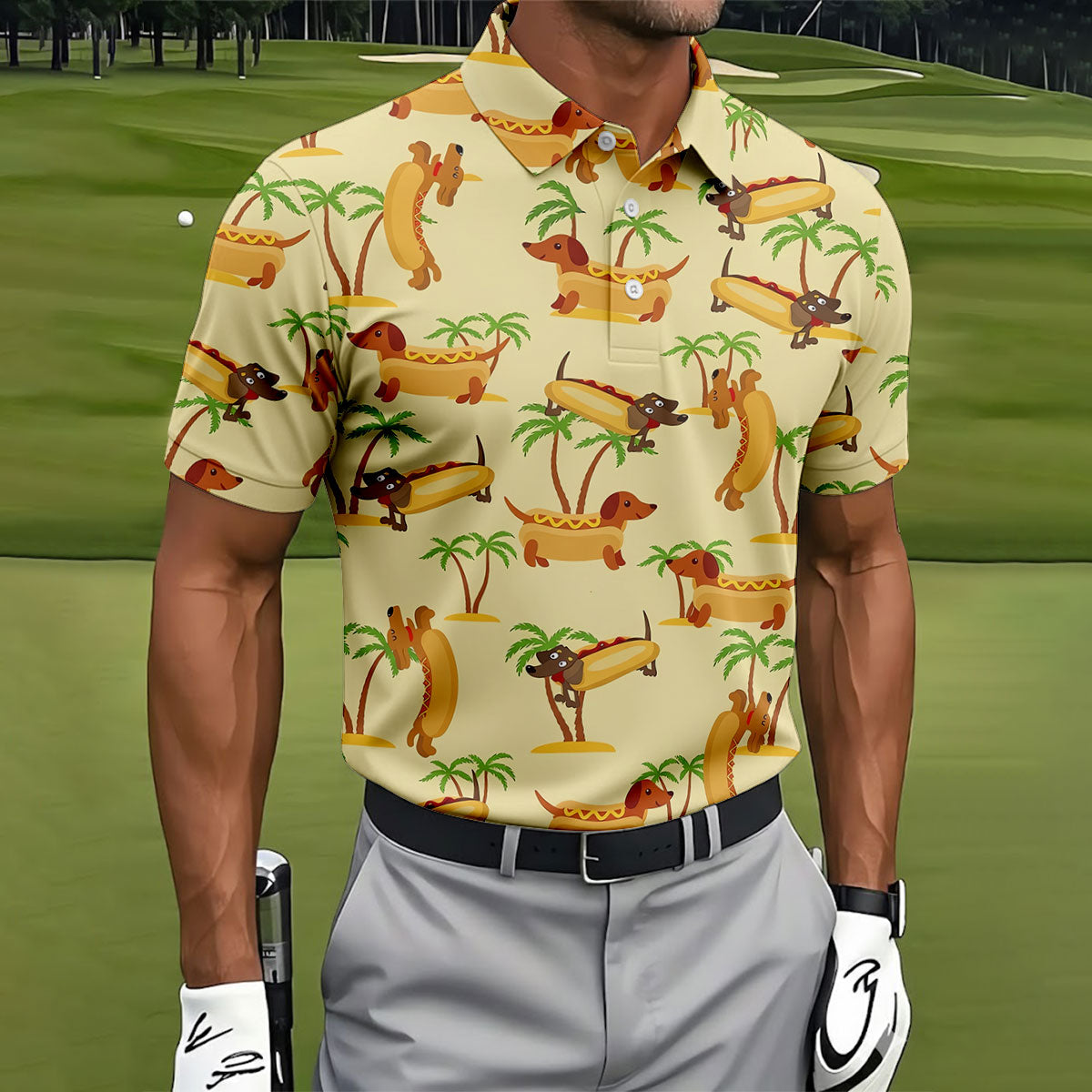 Funny Hot Dog Dachshund Tropical Hawaiian Golf Shirt, Mens Golf Polo, Printed Golf Shirts