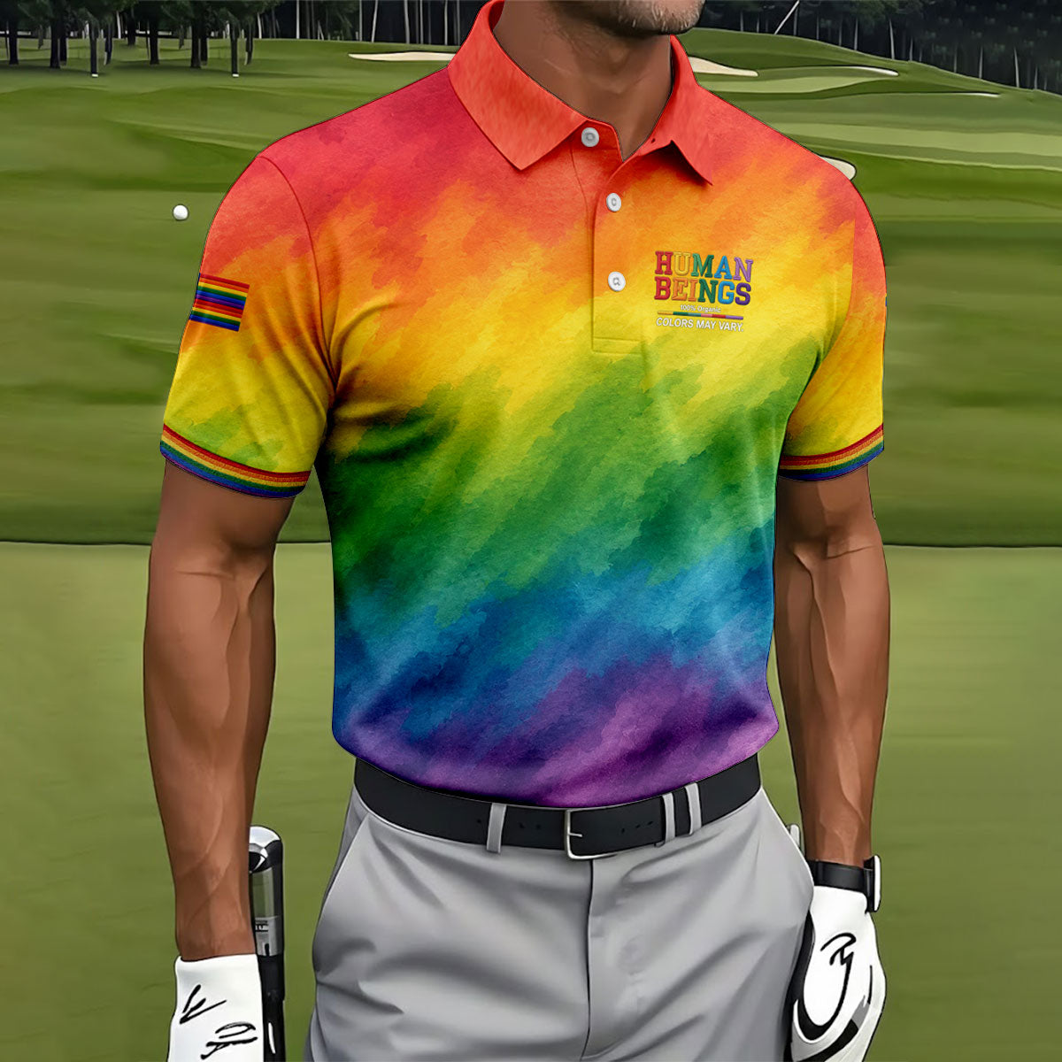 Human Beings LGBT Rainbow Golf Tops For Men, LGBT Pride Month Gradient Watercolor Polo Shirt Men