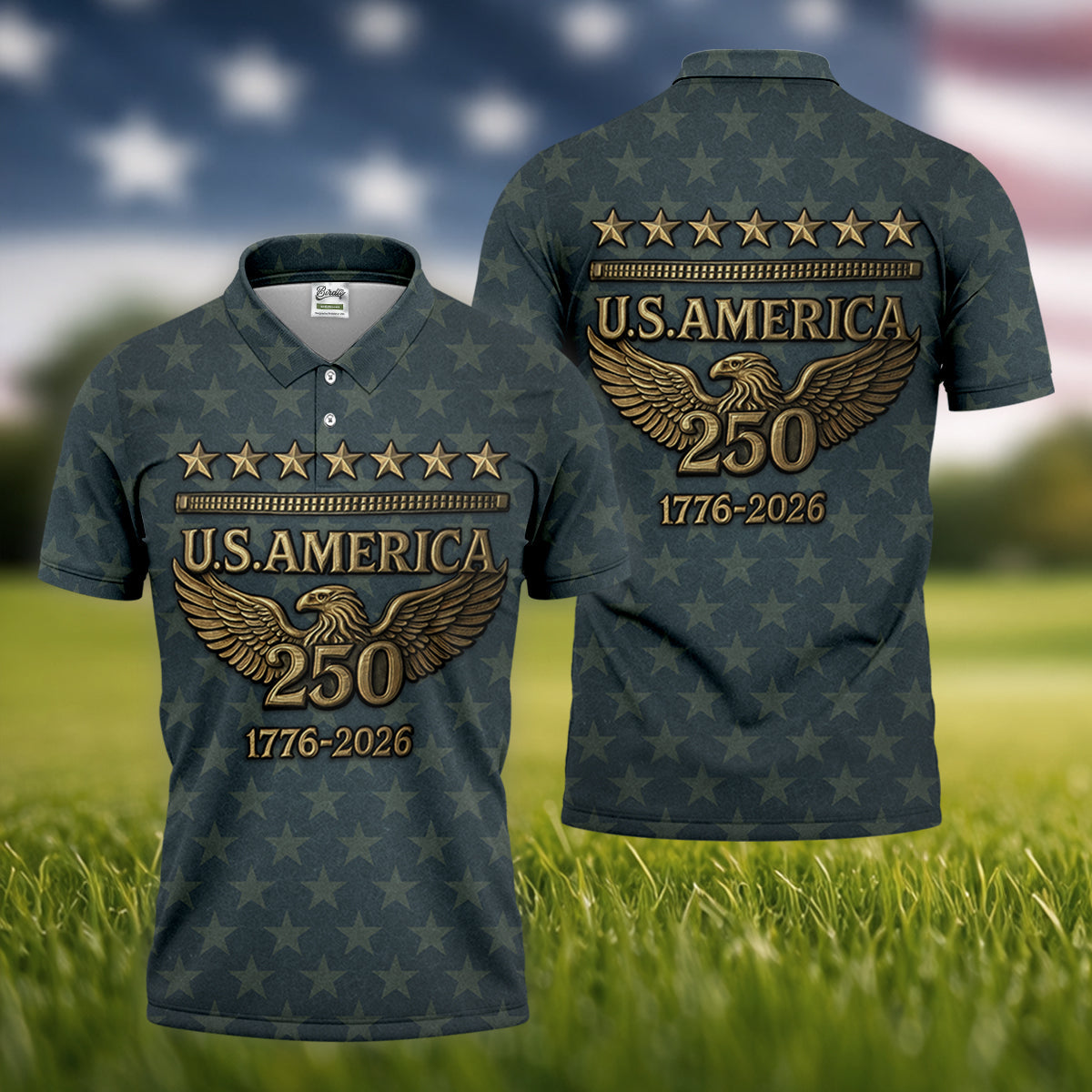 US America 250th Anniversary Denim Color Star Pattern Golf Tops For Men, Patriotic Golf Shirt, Golf Shirts For Men
