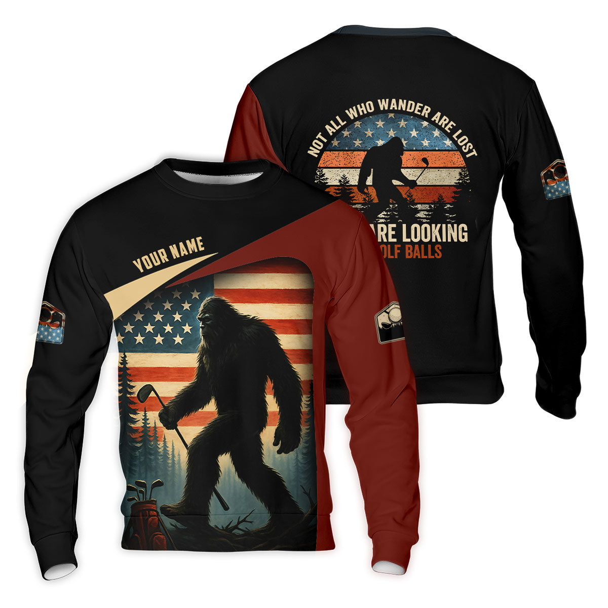 Bigfoot Golf Shirt, Patriotic Golf Polo Shirt Men's Long Seeve Golf Shirts, Golf Gifts For Men