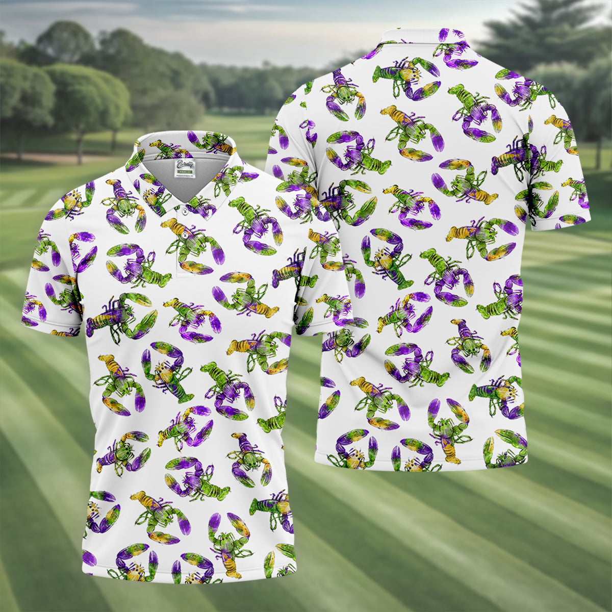 Purple Green Gold Crawfish Pattern Mardi Gras Golf Shirt, Polo ShirtFor Men, Golf Shirts For Men