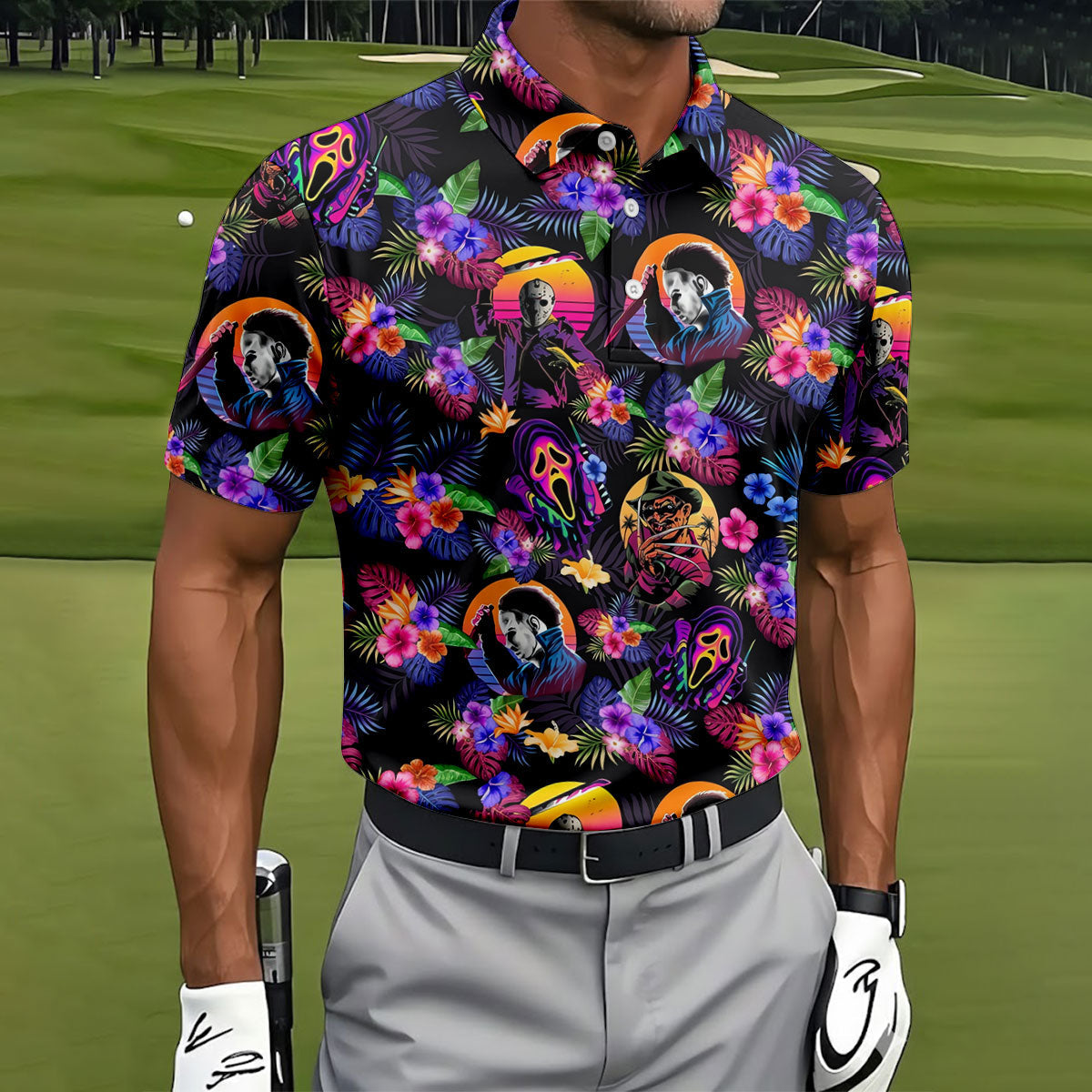 Retro Neon Horror Character Halloween Golf Shirt, Mens Golf Polo, Hawaiian Golf Shirt