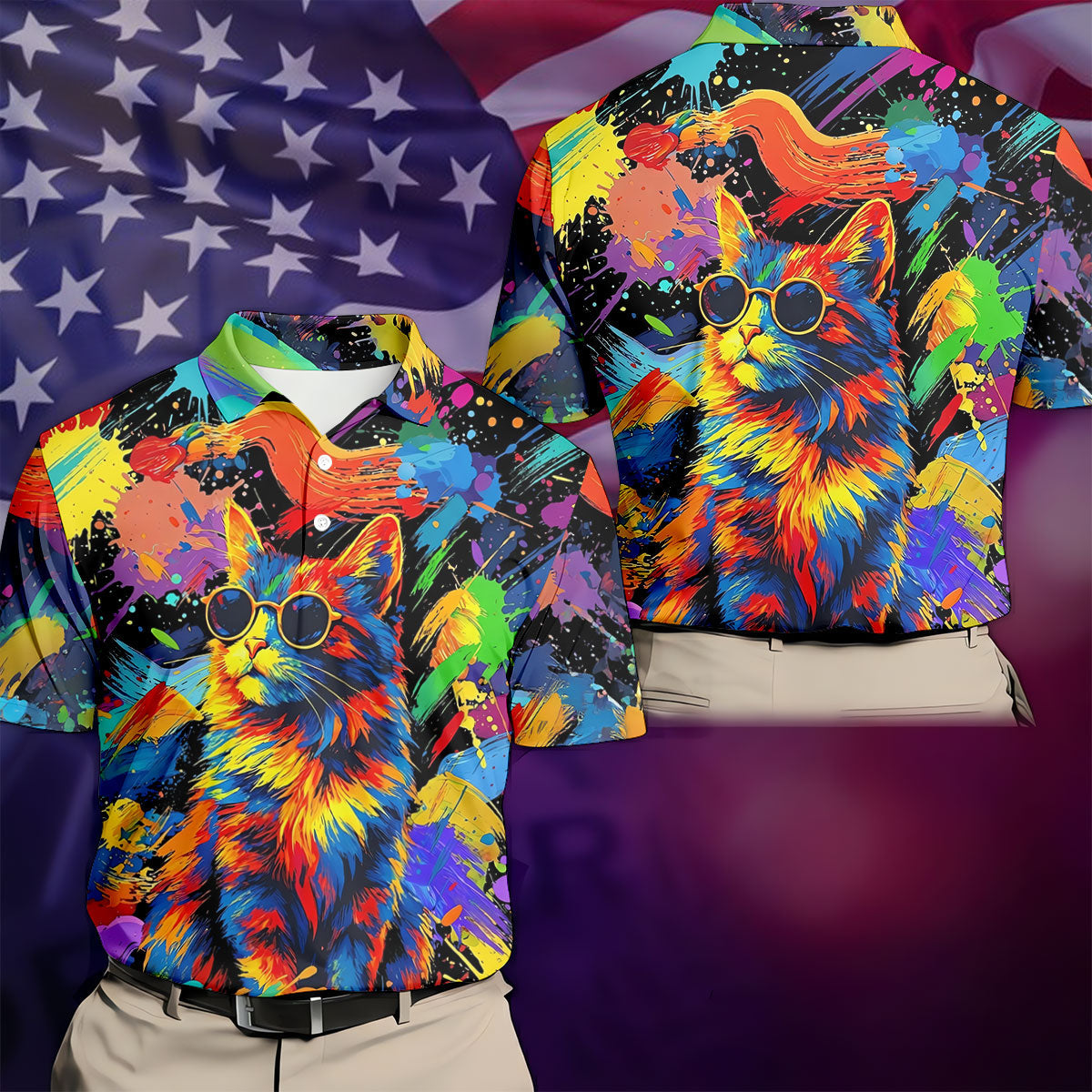 Colorful Cat Sunglasses Paint Splash Golf Shirt, Men's Golf Shirt, Golf Apparel For Men