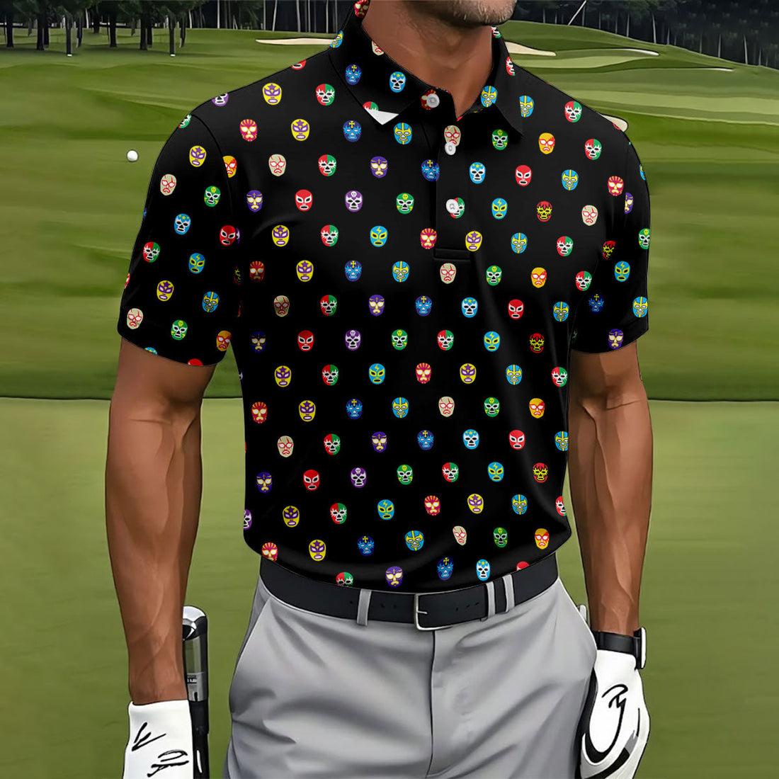 Colorful Retro Mask Print Golf Polo Shirt, Golf Shirts For Men, Printed Golf Shirts